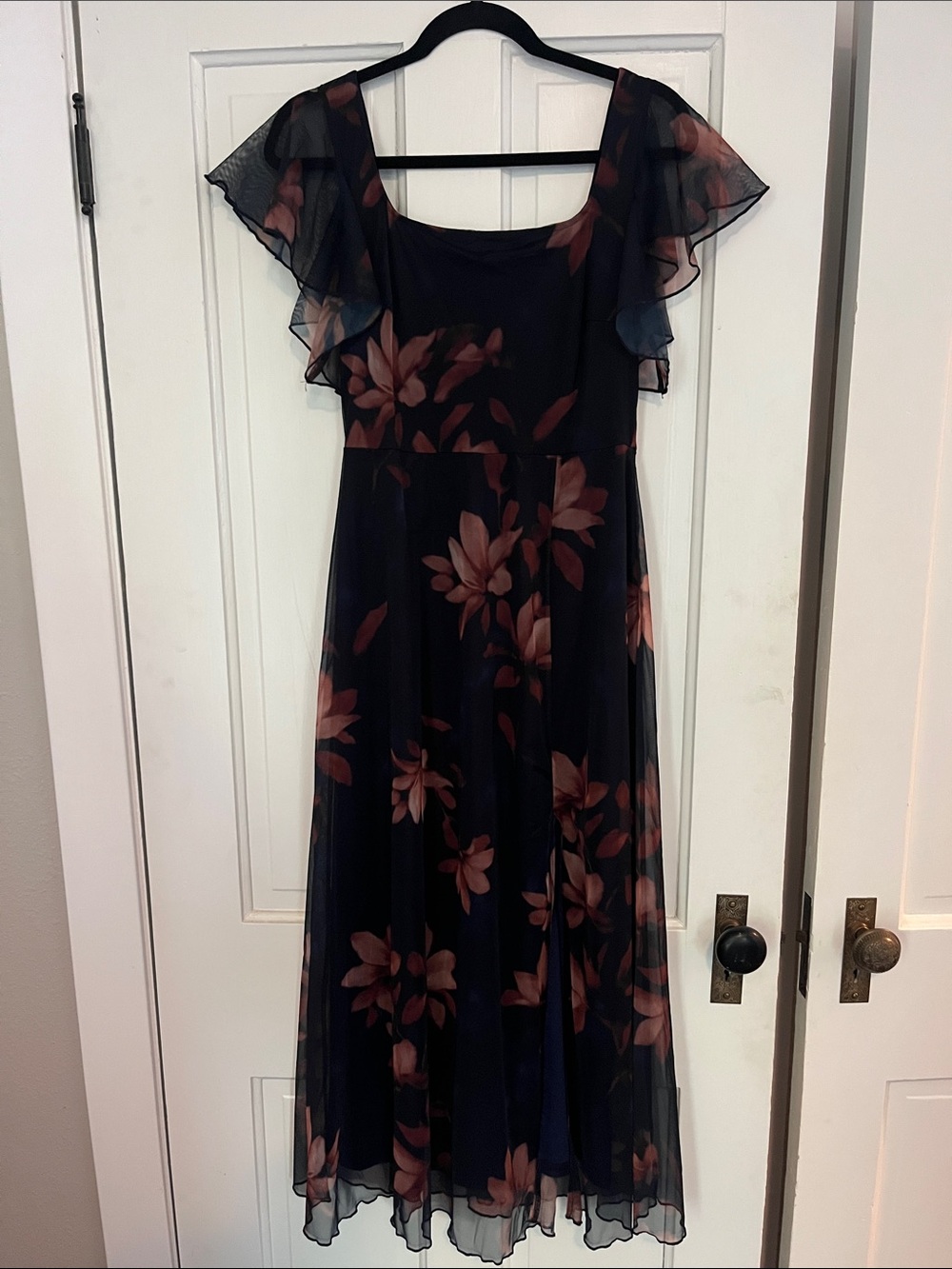 Amazon Navy Midi Dress with Pink Floral Print and Flutter Sleeves